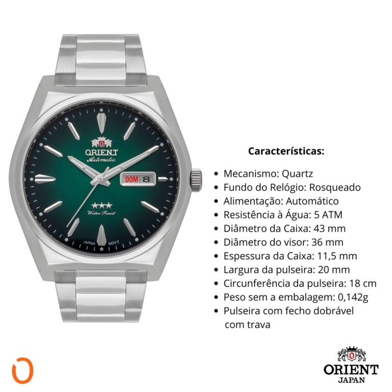 Relógio Orient Masculino Automático F49SS013 Aço F Verde - Imagem 3