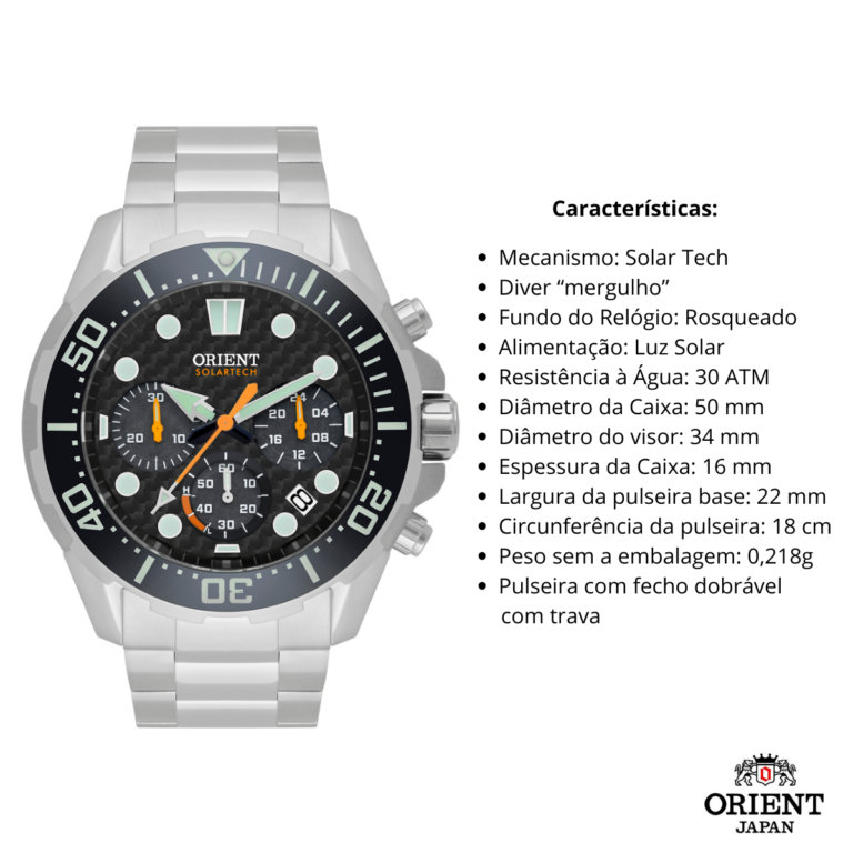 Relógio Orient Masculino SolarTech MBSSC260 DIVER 300 Preto - Imagem 3