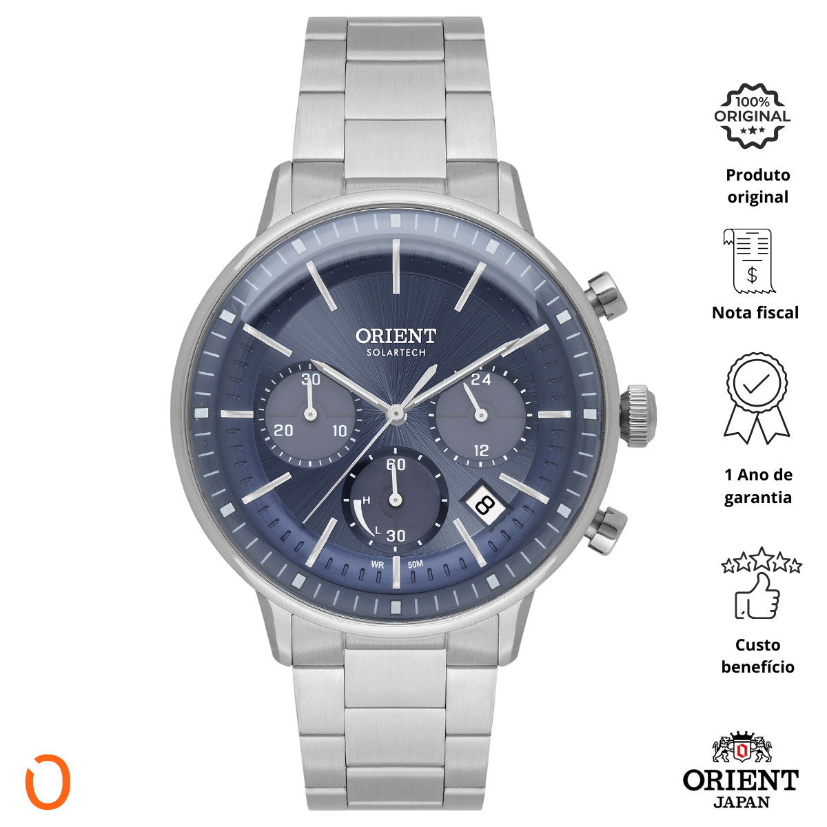 Relógio Orient Masculino SolarTech MBSSC265 Cronografo Azul - Imagem 3